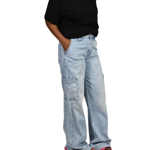 American Eagle High Waist Baggy Jeans Blue Wide Cargo Light Wash Cotton Blend 0 - Picture 6 of 16